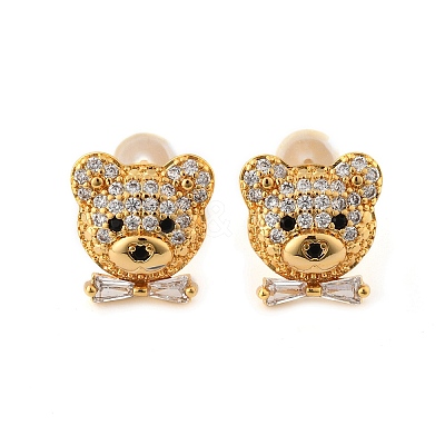 Bear Brass Micro Pave Clear Cubic Zirconia Stud Earrings EJEW-B131-05G-1