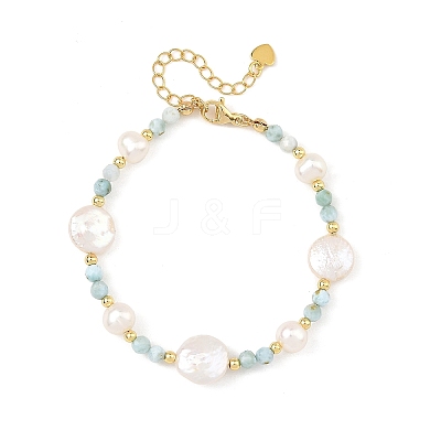 Faceted Round Natural Larimar and Keshi Pearl Coin Beaded Bracelets BJEW-JB14469-1