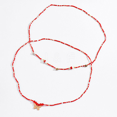 Resin Mushroom & Natural Shell & Glass Seed Beaded Alloy Butterfly Charm Double Layer Stretch Waist Chains for Women FS-WGE52BD-01-1