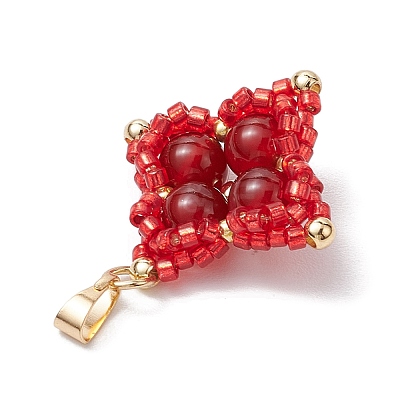 Natural Carnelian(Dyed & Heated) & Glass Seed Beaded Woven Pendants PALLOY-MZ00365-03-1
