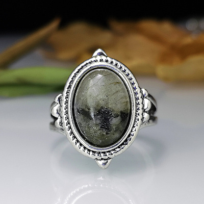 Oval Zinc Alloy Natural Labradorite Finger Rings WG970F5-04-1