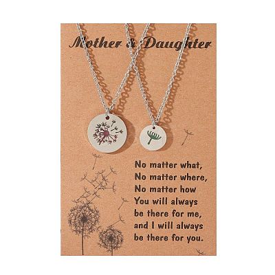 Mother and Daughter 304 Stainless Steel Dandelion Flat Round Pendant Necklaces for Women FS-WGEED69-02-1