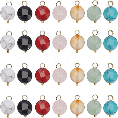 14Pcs 7 Styles Flat Round Faceted Natural & Synthetic Gemstone Pendants PALLOY-AR00010-1