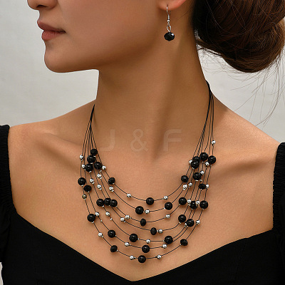 Bohemian Ethnic Style Alloy & Plastic Pearl & Glass Round Beaded Multilayer Necklaces & Dangle Earrings Sets FS-WG56E61-03-1