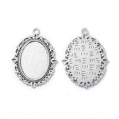 Tibetan Style Antique Silver Alloy Flat Oval Pendant Cabochon Settings X-TIBEP-M022-20AS-1