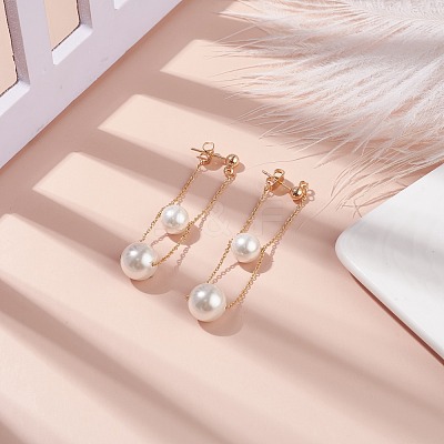 Round Shell Beads with Long Chain Tassel Dangle Stud Earrings EJEW-TA00092-1