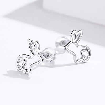 Anti-Tarnish Rhodium Plated 925 Sterling Silver Bunny Stud Earrings EJEW-FF0009-08P-1