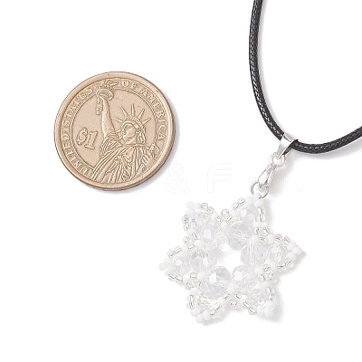 Electroplate Glass & TOHO Round Seed Beaded Snowflake Pendant Black Waxed Cotton Cord Necklaces for Women NJEW-MZ00125-1