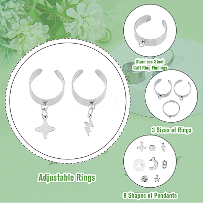 DIY Moon & Star & Lightning Stainless Steel Charms Cuff Ring Making Kit DIY-FI0001-01-1