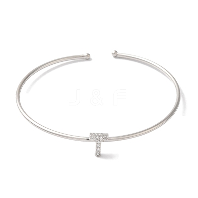 Rack Plating Brass Micro Pave Clear Cubic Zirconia Letter Open Cuff Bangles BJEW-A018-01P-T-1