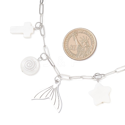 3Pcs 3 Styles Alloy Fish Tail Octopus & Natural White Shell Pendant Brass Paperclip Chain Necklaces for Women NJEW-JN05406-1