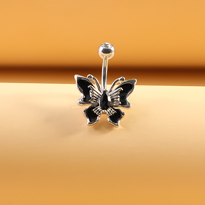 316L Surgical Stainless Steel Black Cubic Zirconia Butterfly Curved Barbell Belly Rings WG4CABC-05-1