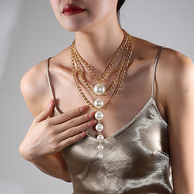 White Plastic Imitation Pearl Beads Alloy Layered Chain Lassel Bib Necklaces for Women WG9451F-01-1