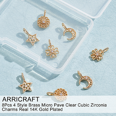 8Pcs 4 Style Brass Micro Pave Clear Cubic Zirconia Charms ZIRC-AR0001-16-1