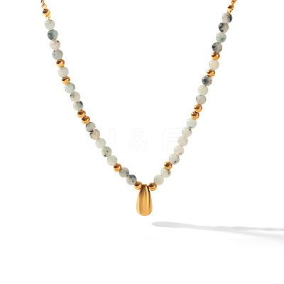 304 Stainless Steel Teardrop Pendant Natural African Turquoise(Jasper) Round Beaded Necklaces for Women WGE7304-01-1