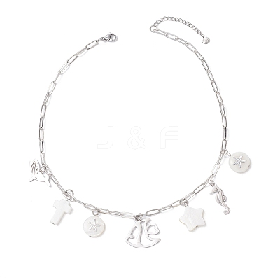 Alloy & Natural White Shell Pendant Brass Paperclip Chain Necklaces for Women NJEW-JN05406-01-1