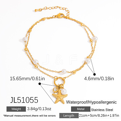 Summer Beach 304 Stainless Steel Pave Clear Cubic Zirconia & White Round Plastic Pearl Charm Double Layer Anklets FS-WG119D8-02-1