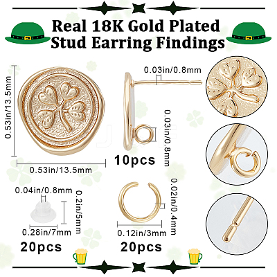 10Pcs Flat Round with Clover Brass Stud Earring Findings DIY-BBC0001-36-1
