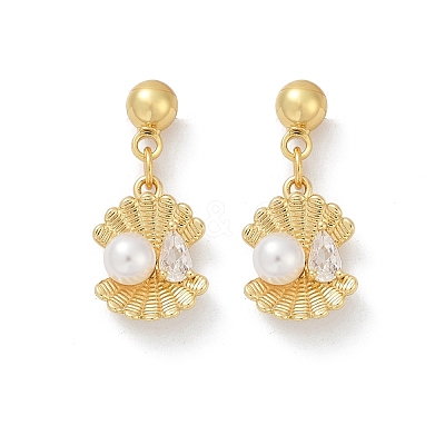 Shell Shape Brass Micro Pave Clear Cubic Zirconia Dangle Stud Earrings EJEW-F895-13G-1