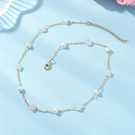 Natural Rose Quartz Star & Natural Freshwater Pearl & Brass Link Chain Necklaces NJEW-JN05687-01-1