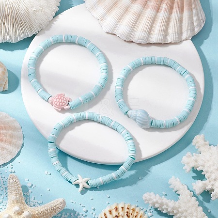 3Pcs 3 Styles Flat Round Handmade Polymer Clay Heishi Beads Beaded Stretch Bracelets BJEW-JB11711-1