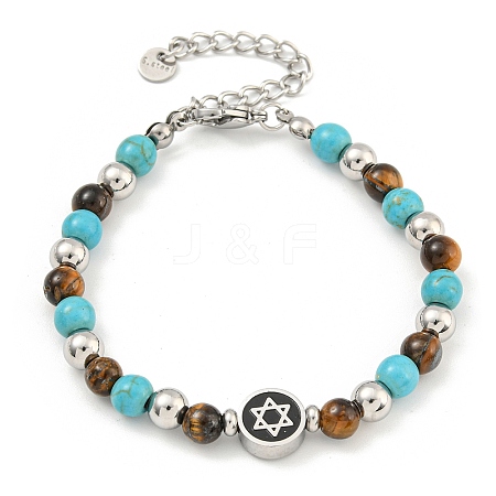 Star of David  304 Stainless Steel & Synthetic Turquoise & Natural Tiger Eye Round Beaded Bracelets for Women BJEW-G717-07P-1