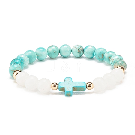 Natural White Jade & Howlite & Synthetic Turquoise(Dyed) Stretch Bracelet with Cross BJEW-JB08295-03-1