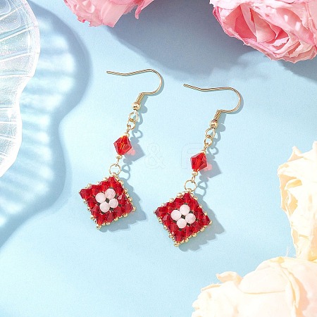 304 Stainless Steel Handmade Glass Seed Beads Rhombus Dangle Earrings EJEW-MZ00517-02-1