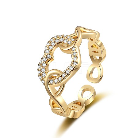 Heart Brass Micro Pave Clear Cubic Zirconia Hollow Open Cuff Rings for Women RJEW-M016-04G-1