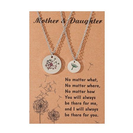 Mother and Daughter 304 Stainless Steel Dandelion Flat Round Pendant Necklaces for Women FS-WGEED69-02-1