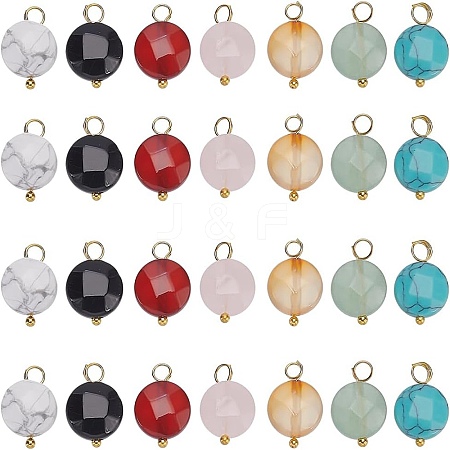 14Pcs 7 Styles Flat Round Faceted Natural & Synthetic Gemstone Pendants PALLOY-AR00010-1