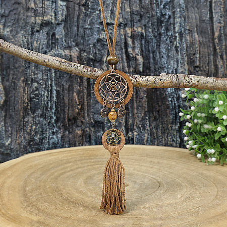 Bohemian Alloy & Wood & Cotton Cord Tassel Pendant Necklaces WGBB680-01-1