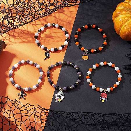 5Pcs Halloween Themed Glass Round Beads Stretch Bracelet Sets BJEW-JB12115-1