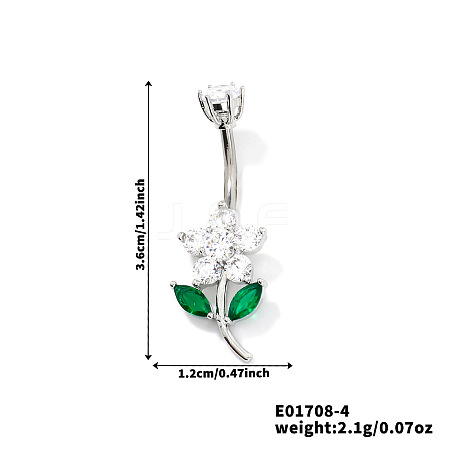 Flower Brass Cubic Zirconia Belly Rings Curved Barbell QR5785-4-1