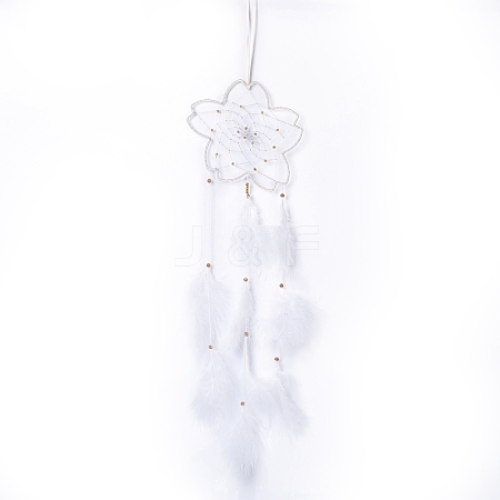 Handmade Flower Woven Net/Web with Feather Wall Hanging Decoration HJEW-A001-03B-1