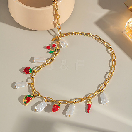 Ocean 304 Stainless Steel Enamel Red Strawberry Watermelon & Natural Freshwater Pearl Pendant Paperclip Chain Bib Necklaces for Women VT2303-1