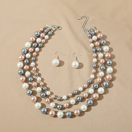 Resin Imitation Pearl Round Beaded Multilayer Necklaces & Dangle Earrings Sets WG4EAB6-02-1