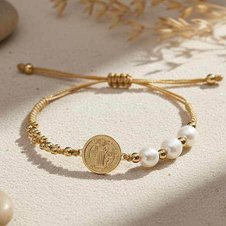 Imitation Pearl and Brass Saint Benedict Braided Bead Bracelets LS-KP6024-1