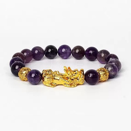 Golden Plated Alloy Pi Xiu 8MM Natural Amethyst Round Beaded Stretch Bracelet for Men QJ0349-6-1