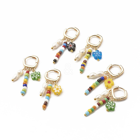 Natural Pearl & Glass Beads Dangle Hoop Earring EJEW-TA00036-1