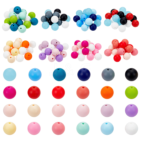   8 Sets 8 Styles Round Food Grade Eco-Friendly Silicone Beads Set SIL-PH0001-16-1