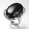 Adjustable Oval Brass Natural Dyed & Heated Black Agate Wide Band Rings RJEW-L062-03O-1