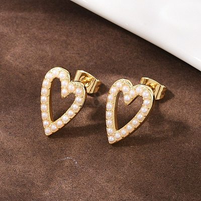 Brass ABS Plastic Pearl Hollow Heart Stud Earrings EJEW-L275-14G-01-1