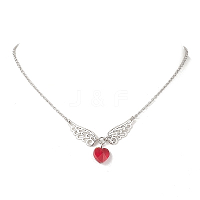 Red Heart with Alloy Angel Wings Pendant 304 Stainless Steel Cable Chain Necklaces NJEW-TA00218-1