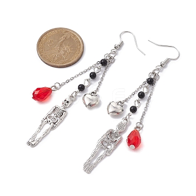 Alloy Skull & Heart & Glass Teardrop Dangle Earrings with Brass Pins for Women EJEW-JE05391-1