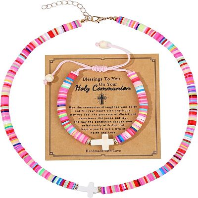 Polymer Clay Disc Beads Bracelets & Necklaces Sets FS-WG9F44C-01-1