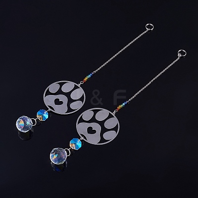 2Pcs 201 Stainless Steel Paw Print Shape & Rainbow Crystal Glass Hanging Suncatcher HJEW-TA00447-1