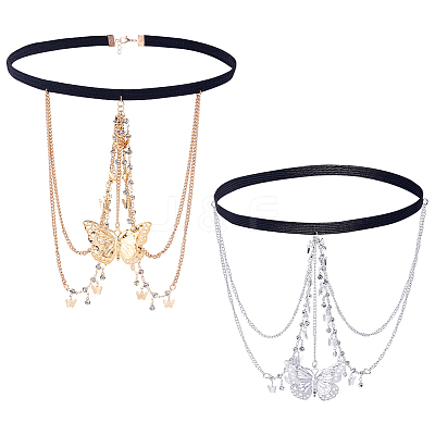 2Pcs 2 Colors Alloy Sexy Elastic Multilayer Tassel Butterfly Leg Chain AJEW-HY0002-21-1