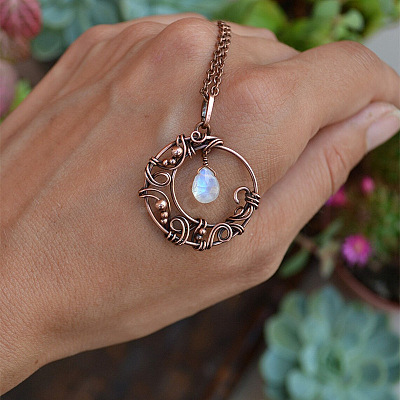 Copper Wire Wrapped Moon with Synthetic Moonstone Drop  Pendant Necklaces FS-WG5A52F-01-1