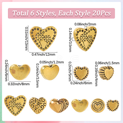 120Pcs 6 Styles Tibetan Style Alloy Beads TIBE-SP0001-22A-1